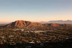 Phoenix area city and mountains seen from above